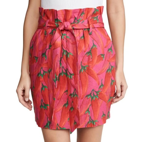Farm Rio Red Chili Pepper Waist Linen Skirt Sz (L) High Rise Fiesta Vacation - Picture 1 of 8